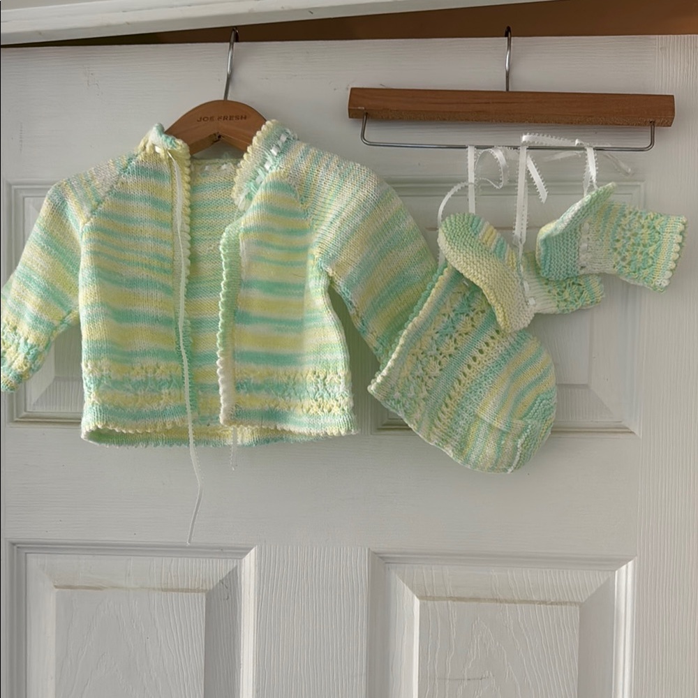 Striped Baby Cardigan, Hat and Bootiess Set